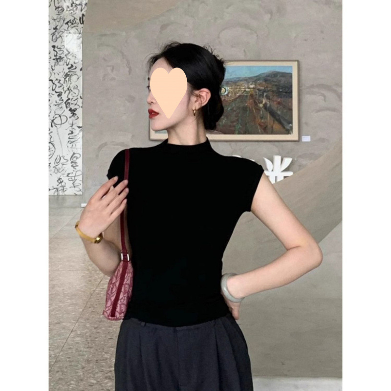 薄款半高领修身短袖女恤夏季纯色百搭半袖气质黑色紧身显瘦上衣|undefined