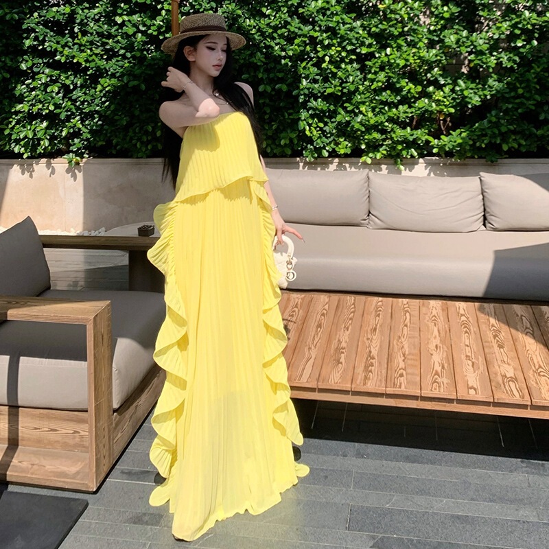 Stylishly Designed, Intricately Pleated, Yellow Strapless Dress with Ruffles and a Flowing, Large Hem, Ultra-Fairy Island Vacation Style Long Dress Stylishly Designed, Intricately Pleated, Yellow Strapless Dress with Ruffles and a Flowing, Large Hem, Ultra-Fairy Island Vacation Style Long Dress