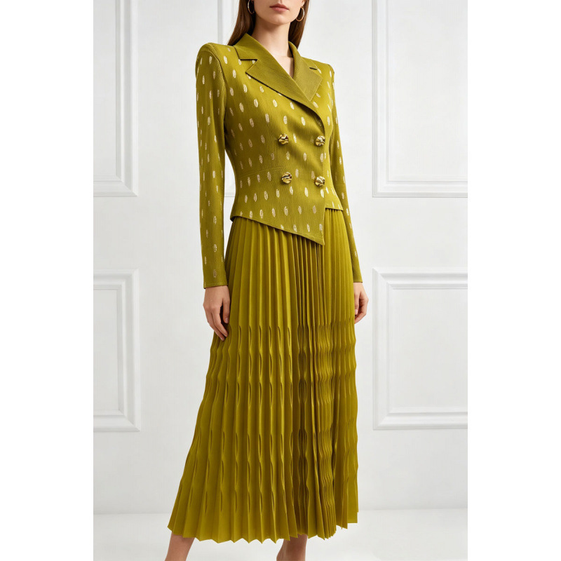 Home-style foreign trade gold-embossed polka dot suit-collar pleated dress, waist-cinching loose pleated skirt, plus-size women's long dress Home-style foreign trade gold-embossed polka dot suit-collar pleated dress, waist-cinching loose pleated skirt, plus-size women's long dress