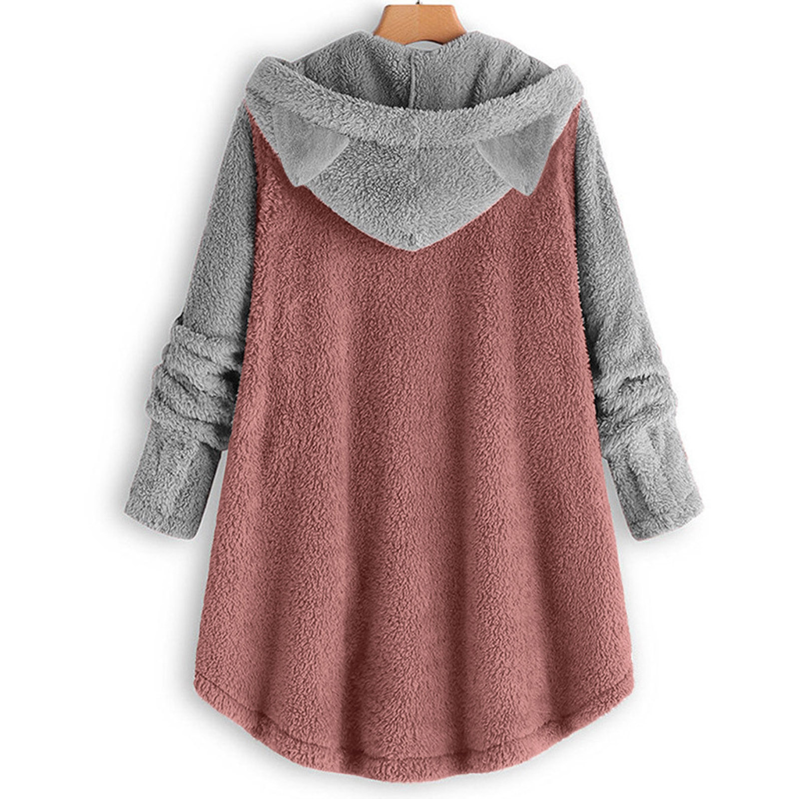 Women's Clothing autumn and winter button hooded cat ear plush top irregular brand color matching jacket for women_voghion.com