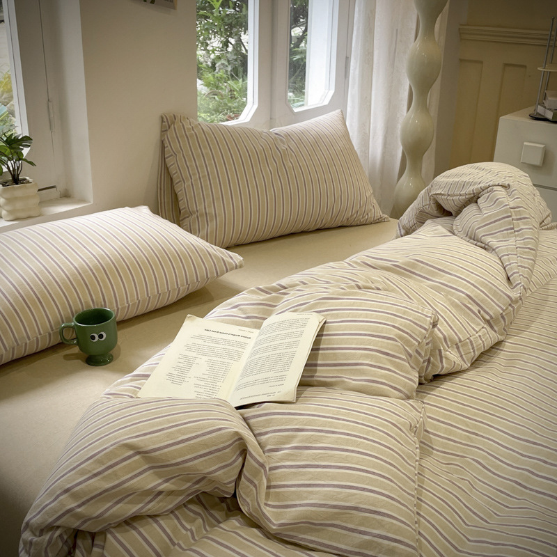 Japanese-Style Fuji Soft Skin-Friendly Cloud Cotton Muji-Style Striped Washed Cotton Three or Four-Piece Set Taiwan Bedding Wholesale