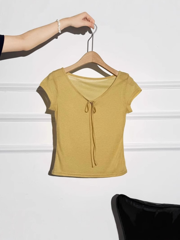 薄いデザインのレースアップUネック右肩半袖Tシャツ女性用2025夏新作ウエスト痩身気質トップ|undefined