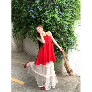 Fat Qiqi plus size chubby girl Pure Neck-hanging Holiday Style Red Elegant Sling Skirt All-match Mesh Skirt Two-piece Set