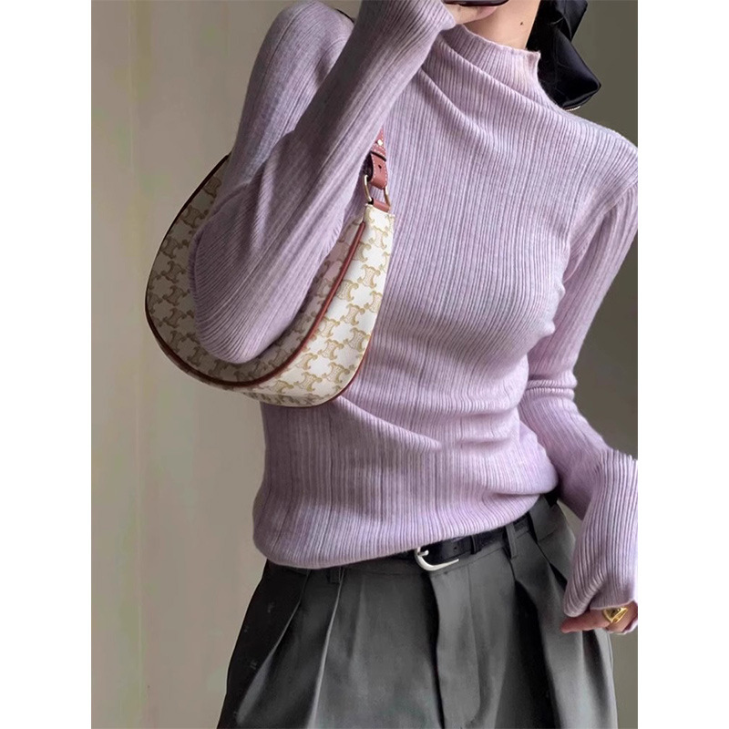 Light Purple Half-High Collar Slim-Fit Knitted Sweater for Women, 2026 Spring Thin Base Layer Fashionable and Unique Top