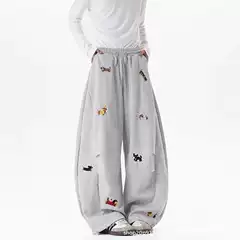 Overseas Trade American Vintage Embroidered Dog Curve-Leg Sweatpants for Men and Women, Fall/Winter Unisex Casual Loose Lounge Pants