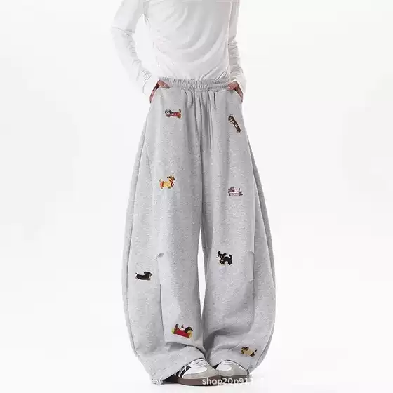 Overseas Trade American Vintage Embroidered Dog Curve-Leg Sweatpants for Men and Women, Fall/Winter Unisex Casual Loose Lounge Pants