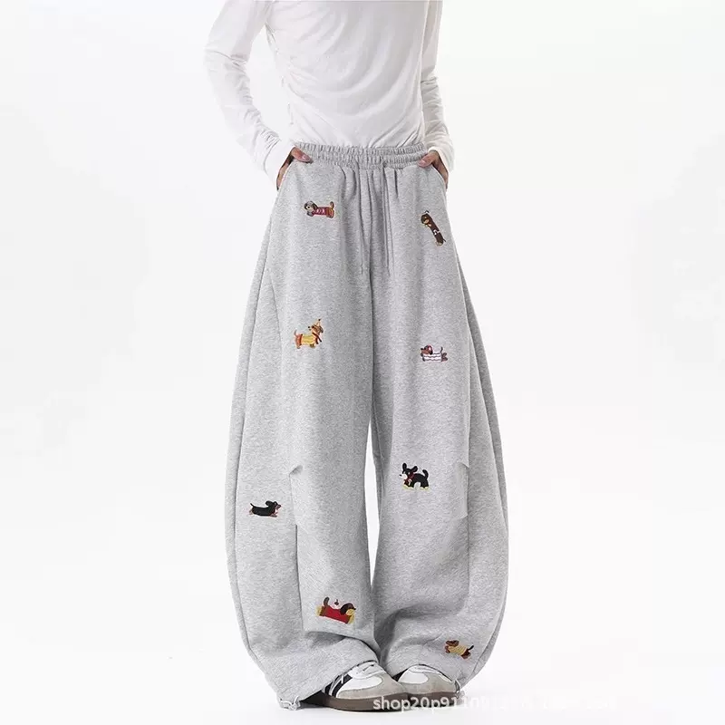 跨境外贸美式复古刺绣小狗弯刀卫裤男女秋冬季百搭运动宽松休闲裤