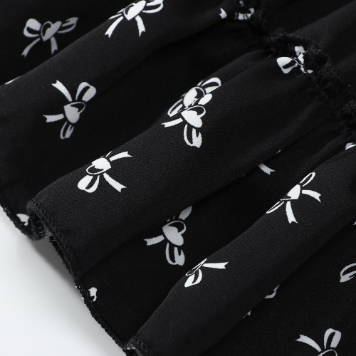 Girls' French Sweet Style Black Floral Skirt Ruffled Waistband Slimming Casual A-Line Short Skirt 