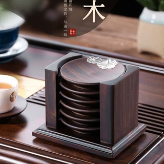 黑檀实木茶杯垫 杯托茶杯架隔热垫碗垫功夫茶具垫茶托组圆形6片装
