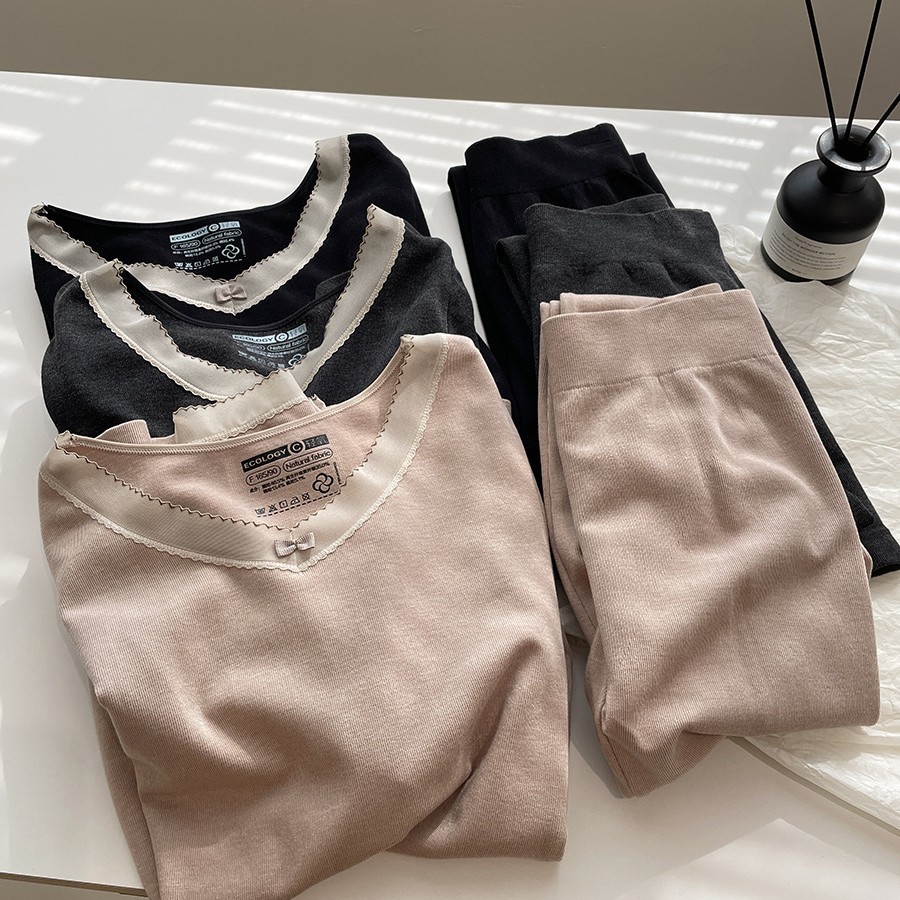 Comfortable Seamless All-In-One Thermal Intimates Set! Winter Lace Collar Cotton Sweater Autumn Clothes and Long Pants