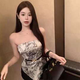 辣妹短款露背复古水墨印花无袖抹胸背心女修身内搭不规则上衣外穿