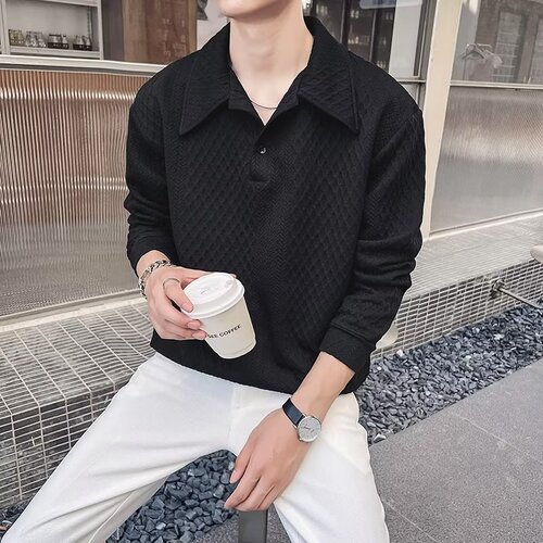 Spring and Autumn New Style Collarless Hoodie for Men American High Street Loose Retro Texture Crew Neck Fashion Polo Shirt Top Trendy