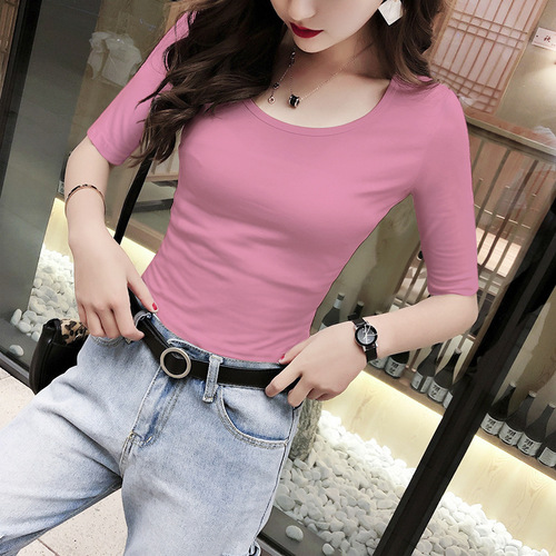 Women's 7/8 Sleeve Summer T-Shirt 2024 New Slim Fit Plus Size White Crew Neck Half-Sleeve Top