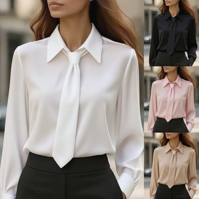 2025 Amazon European and American Cross-Border New Style Autumn Solid Color Casual Tie Long-Sleeved French Shirt Women's Blouse 2025 Amazon European and American Cross-Border New Style Autumn Solid Color Casual Tie Long-Sleeved French Shirt Women's Blouse
