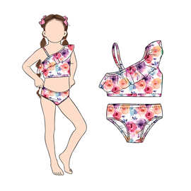 欧美精品店婴幼儿童装外贸批发紫色花朵印花女孩夏季泳衣套装