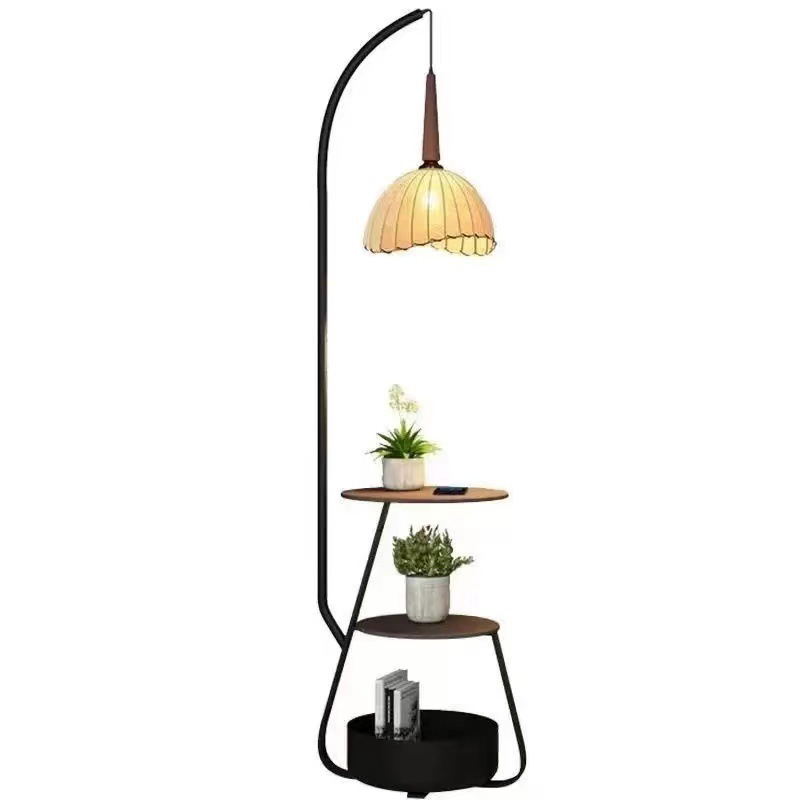 Lámpara de Pie con Mesa Integrada de Hierro y Tela, Altura Ajustable, Luz LED, para el Hogar