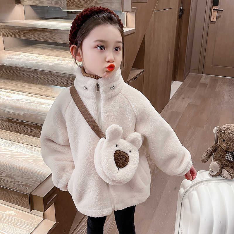 羊羔毛外套2023新款儿童装加绒加厚韩版背面小熊女宝宝毛毛衣