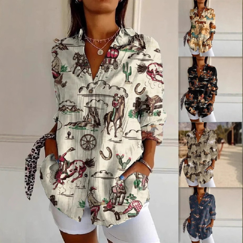 European and American Aliexpress Amazon New Women's Long-Sleeved Western-Style Printed Lapel Shirt Women's V-Neck Shirt European and American Aliexpress Amazon New Women's Long-Sleeved Western-Style Printed Lapel Shirt Women's V-Neck Shirt