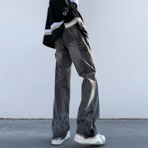 Oversize American-style zipper jeans for men, spring new arrival straight-leg micro-flare pants, high street vibe trendy brand