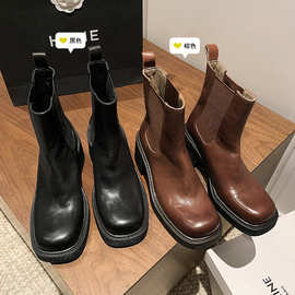 版型Ju好全头层牛皮短筒靴~2023冬季新品素帮粗跟圆头舒适女士靴