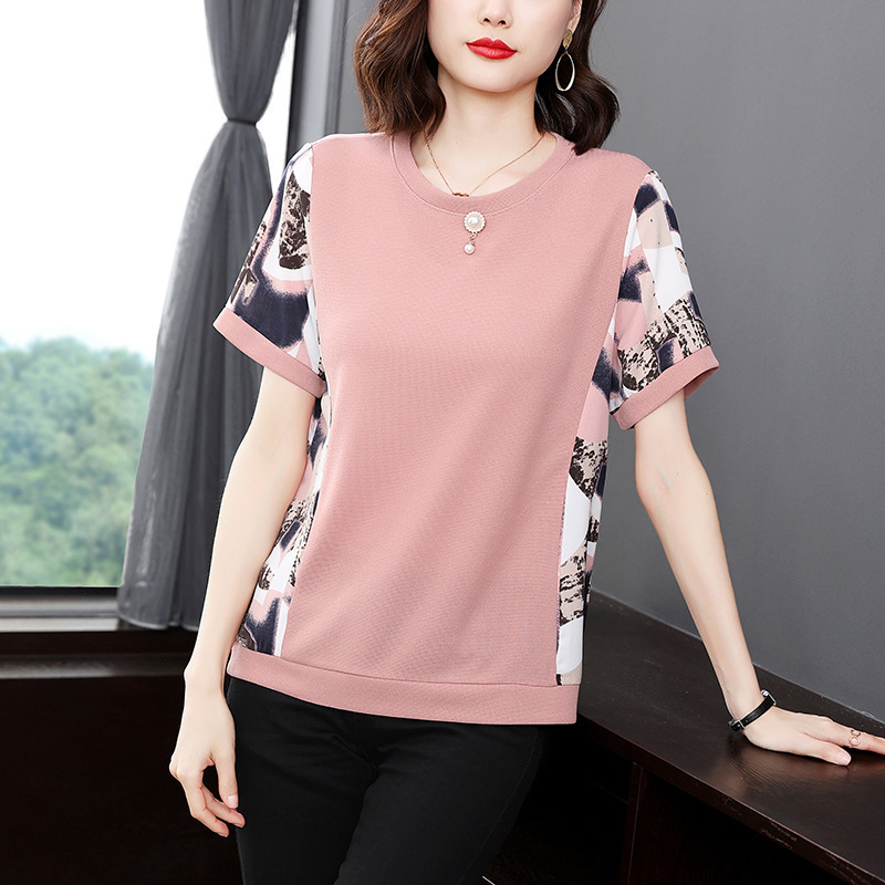 Foreign Trade Short-sleeved T-shirt Women's 2024 New Style Summer Dress for Mother Western Style Middle-aged Fashion Age-reducing Loose Women's Top Trendy