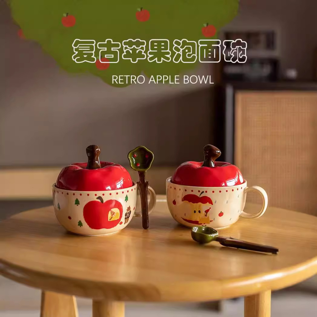 Creativo retro manzana de Navidad cerámica bolos de fideos de alto valor facial taza de avena de leche regalo de mano pareja bolos de sopa con cucharas image 1