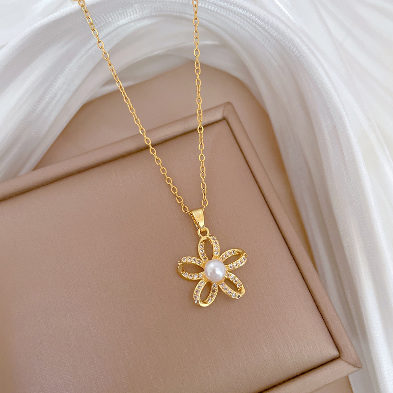 Wunderschöne Perlenkette Mit Fünfblättriger Blume Aus Titanstahl_voghion.com