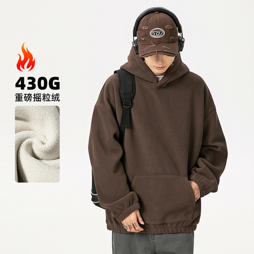 Thickened Plush Fleece Hooded Sweatshirt for Men - Spring Edition - Heavyweight Texture - Solid Color - Basic Model - Trendy Brand Hooded Sweatshirt and Outerwear