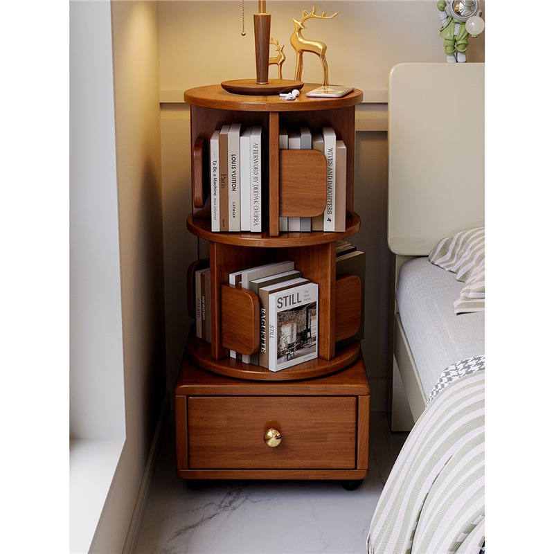All Solid Wood Rotating Small Bookshelf Mobile Wheeled Bedroom Children's Bookcase Simple Bedside Table Bedside Storage Rack