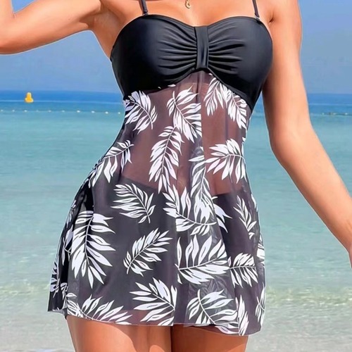 Bodysuit-style swimsuit, conservative tankini, mesh fabric, sheer, European and American swimwear, lace