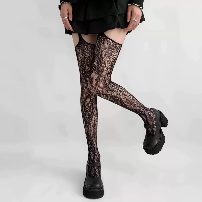 Hollow-Out Fishnet Pantyhose with a Feminine Jacquard Design, Black Silk Over-The-Knee Stockings, Nightclub Style, Trendy Summer Thin Style Hollow-Out Fishnet Pantyhose with a Feminine Jacquard Design, Black Silk Over-The-Knee Stockings, Nightclub Style, Trendy Summer Thin Style