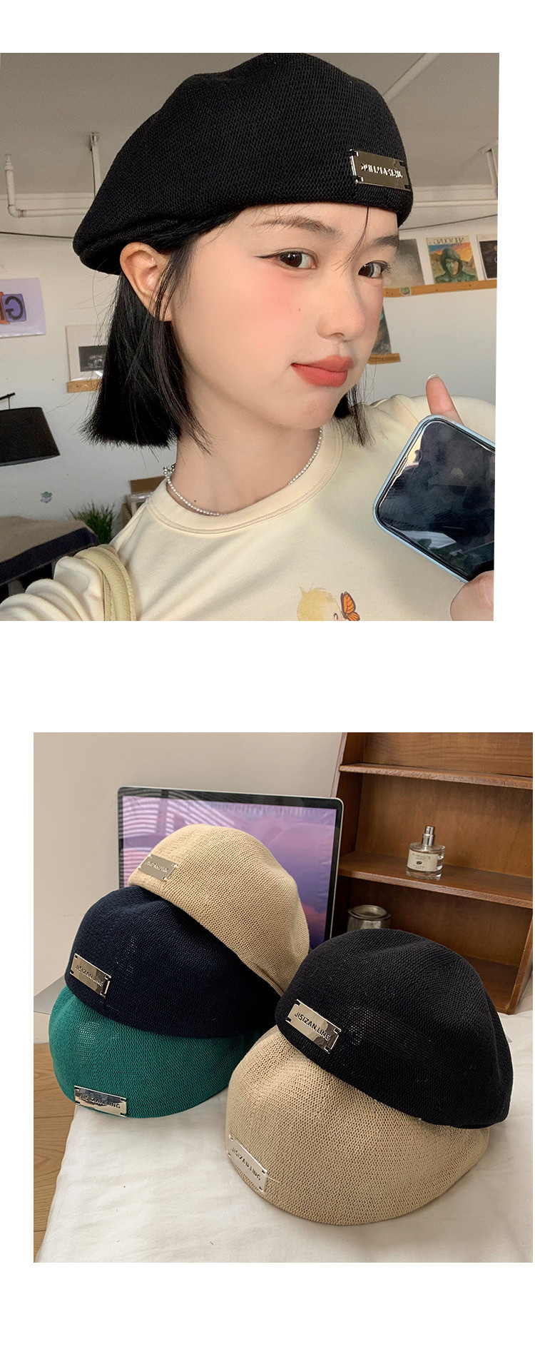 Stor huvudduk röd mode svart målare visar ansikte liten ny framåt hatt bakåt bär basker hona_voghion.com