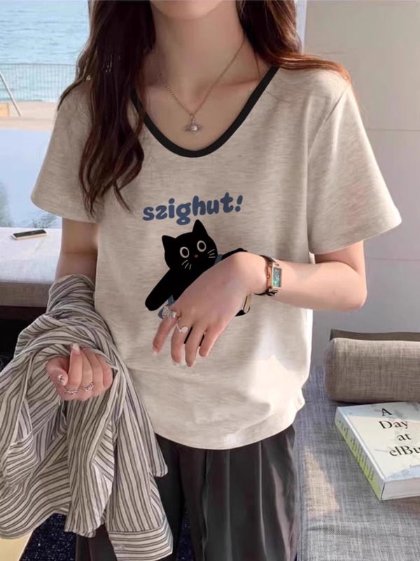 米灰色撞色短袖T恤女正肩纯棉宽松显瘦遮肚休闲百搭小个子V领上衣|undefined