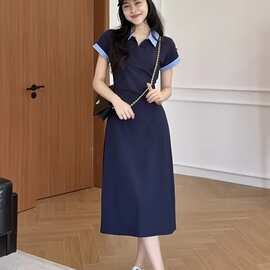 大码裙子韩系撞色领连衣裙女装胖高腰显瘦掐腰长裙斤