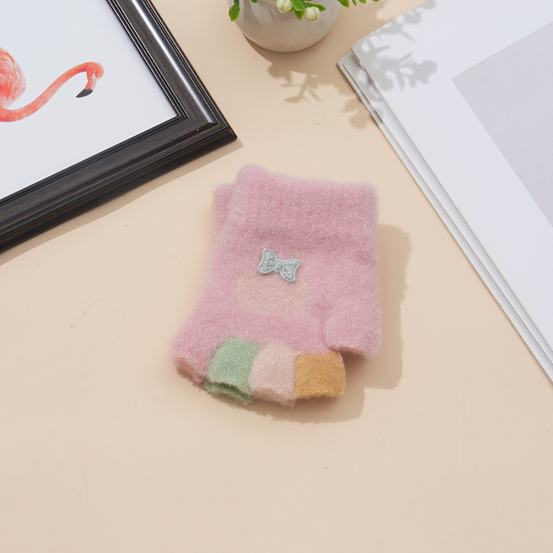 Demi-season knitted keep warm cute cartoon gloves with bow