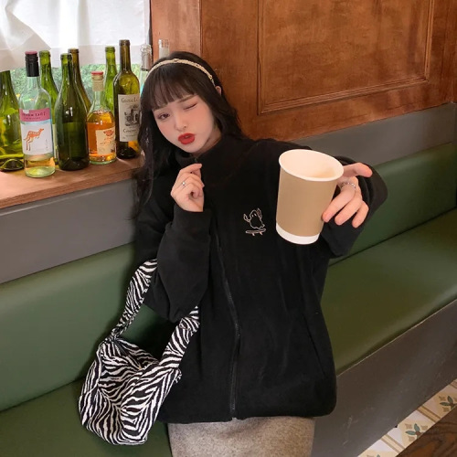 Warm Thick Wool Fleece Embroidered High Collar Zip-up Sweater for Women, Insulated Plush Outerwear