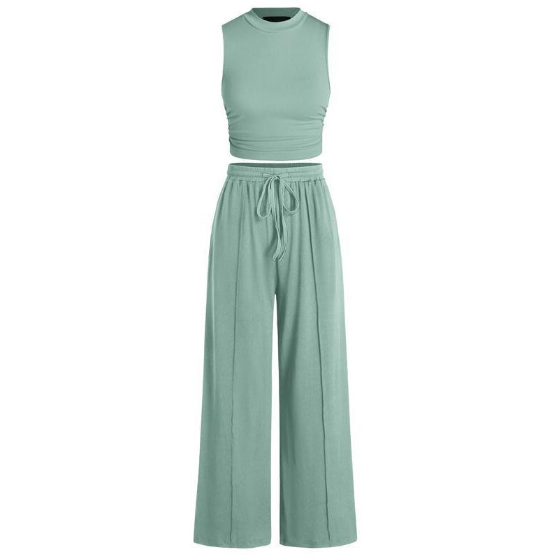Cross-Border European and American Exclusive Supply for Amazon Independent Sites, Popular High-Quality Ribbed Fabric Sleeveless Knit Wide-Leg Pants Set