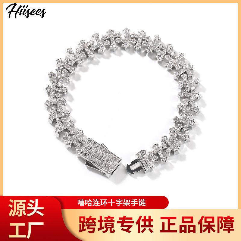 European and American Hip-Hop Cross Bracelet Ins Style Men's Copper Zircon Inlaid 11.5mm Light Luxury Trendy Unisex Jewelry Wholesale