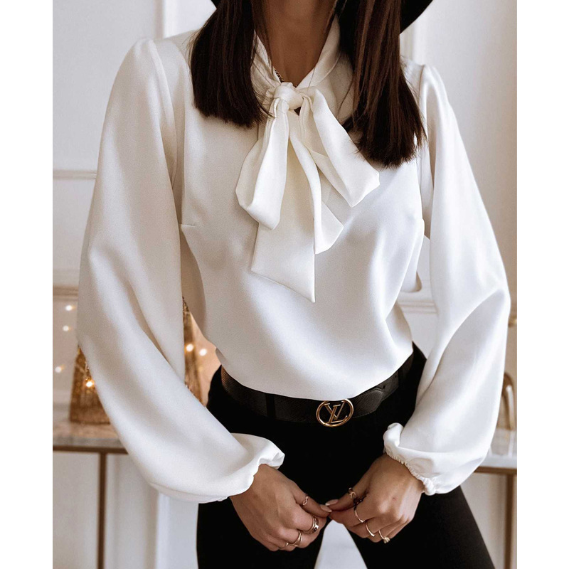 European and American Style Women's Shirts for Foreign Trade, Cross-Border Amazon Independent Platform, Solid Color Professional Patchwork Tie-Neck Women's Long-Sleeve Shirts