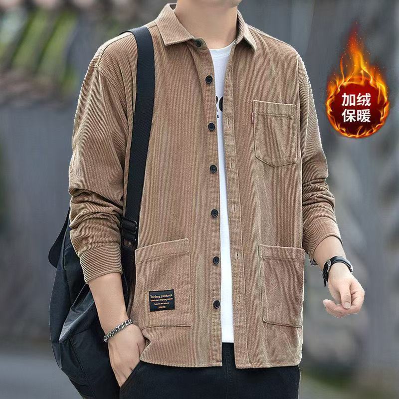 2025 Autumn and Winter Velvet Corduroy Jacket Men's Pure Color Thickeneded Warm Jacket Long-Sleeved Shirt Cross-Border Dropshipping