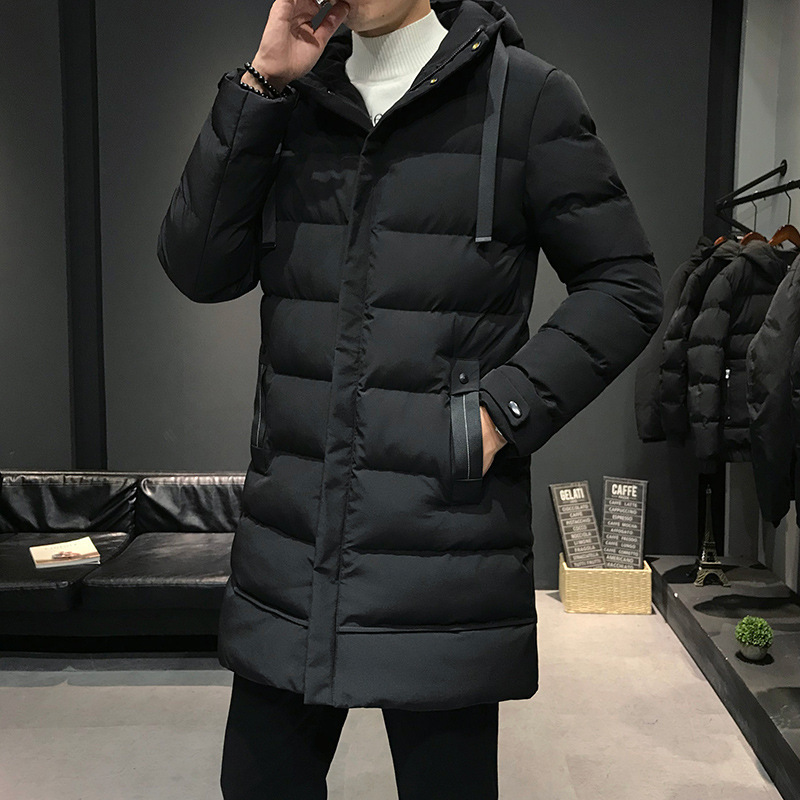 Chaqueta de algodón hombre largo de invierno de moda coreana con chaqueta de algodón encapuchada más gruesa nueva ropa de plumón transfronteriza