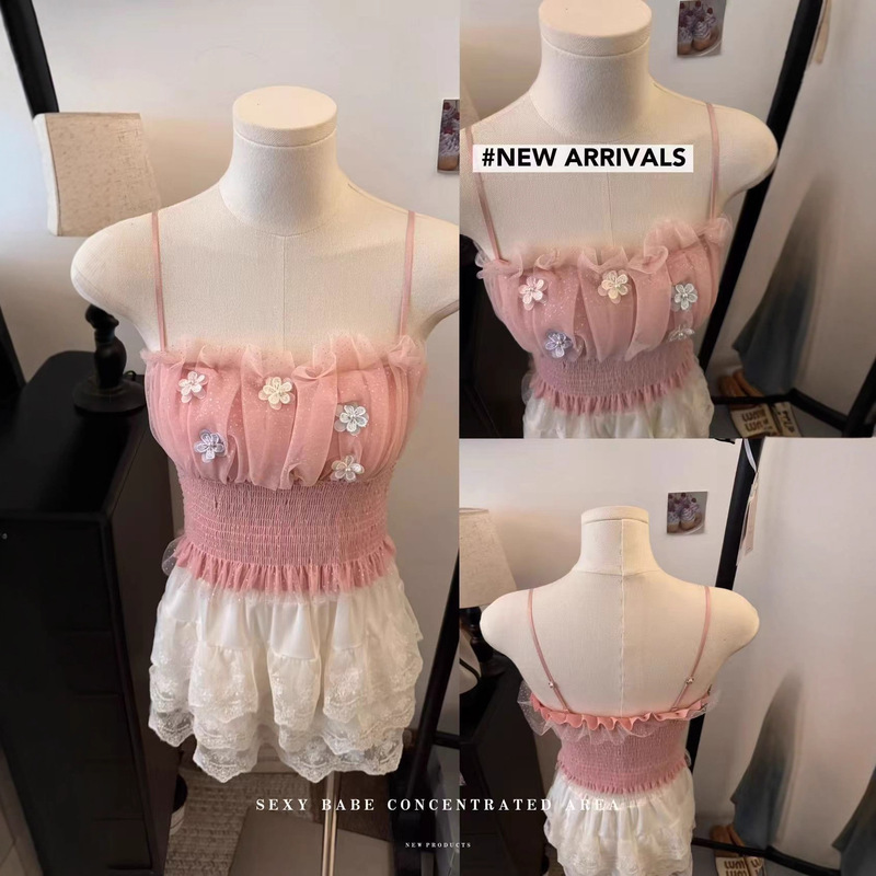 Designed Glitter Mesh Splicing Short Tube Top Suspender Women's Summer New Korean Style Waist Slimming Vest Top