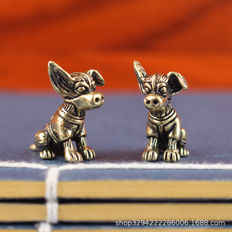 手工铜雕实心铜小狗黄铜摆件可爱狗生肖狗仿古做旧黄铜茶宠小摆设