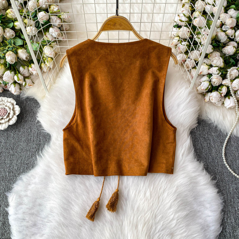 エスニックスタイルレトロ鹿革刺繍Vネックレースアップベストレディース夏ルーズスリムショートノースリーブトップ|undefined
