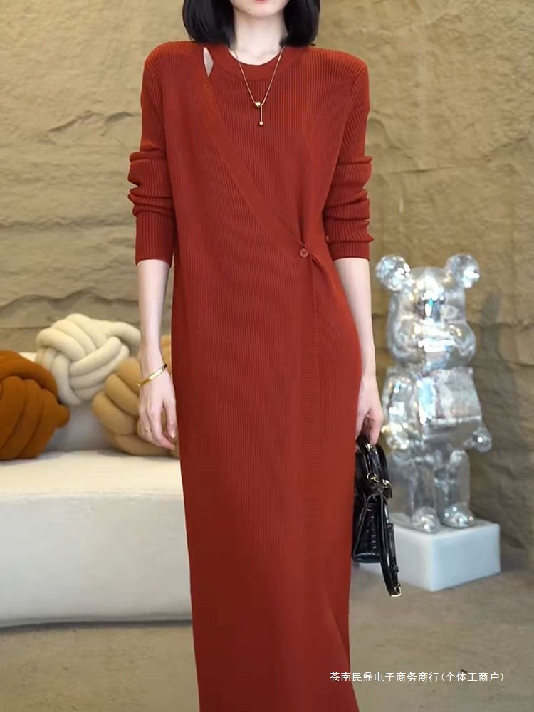 秋冬宽松显瘦针织时尚毛衣裙打底连衣裙新款过膝中长裙纯色外穿裙