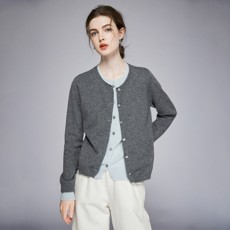 2025 New Autumn and Winter Women's Cashmere Knitted Cardigan Fake Two-Piece Round Neck Slimming Look Versatile Knitted Knitwear for Women