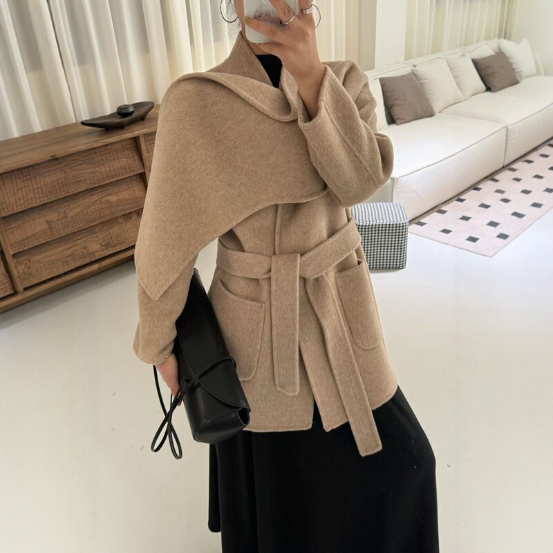 【Hangzhou】Large Lapel Tie-Waist Woolen Coat for Women, Autumn and Winter, Loose Fit, Elegant and Slimming Style, Double-Sided Wool Coat 【Hangzhou】Large Lapel Tie-Waist Woolen Coat for Women, Autumn and Winter, Loose Fit, Elegant and Slimming Style, Double-Sided Wool Coat