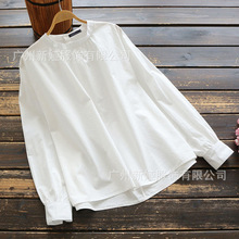 2021秋季亚马逊外贸新款棉麻纯色长袖宽松大码休闲立领衬衫女装