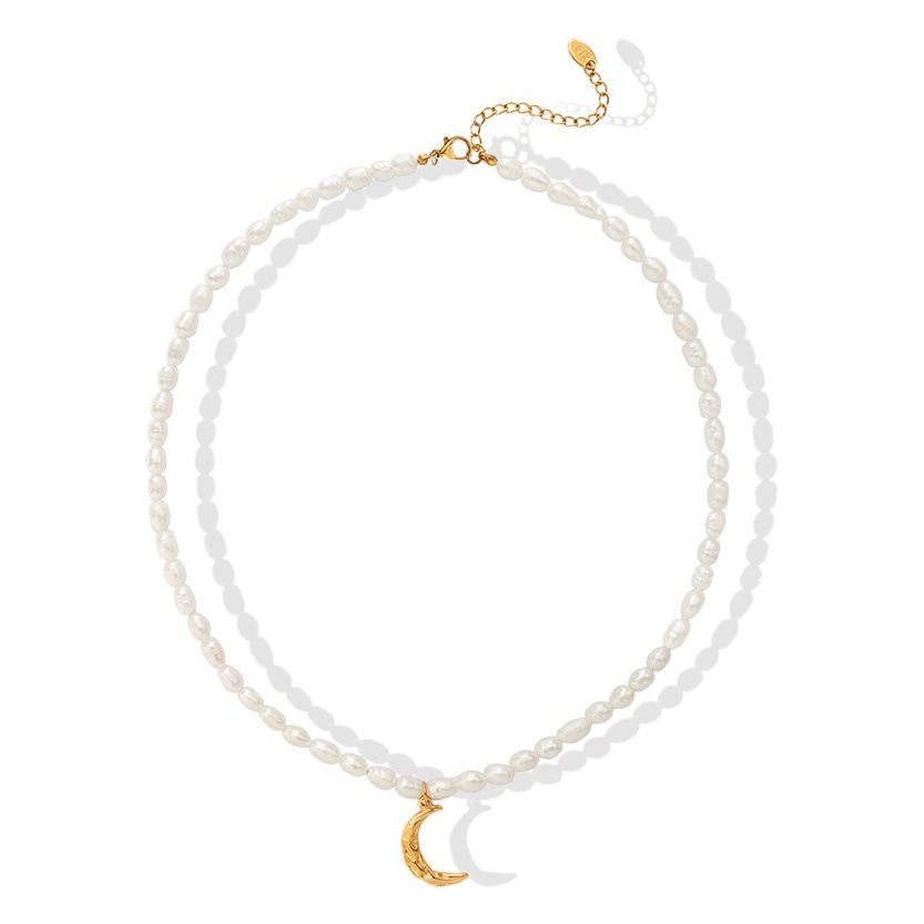 Francés moda natural agua dulce perla clavícula cadena titanio acero chapado en oro Luna colgante collar personalizado todo-fósforo Accesorios