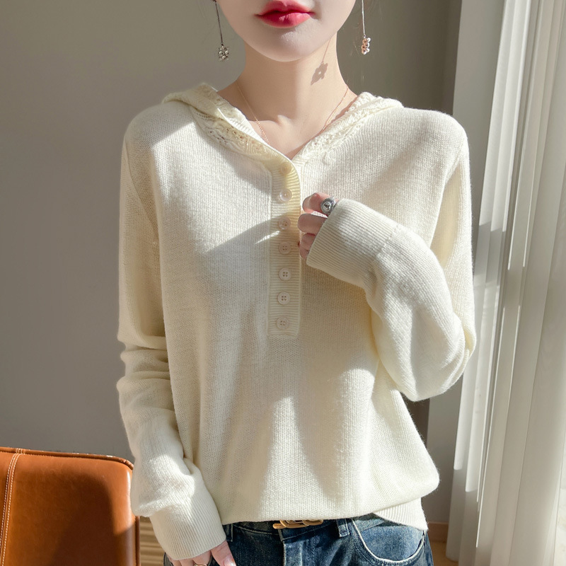 Solid Color Hollow Hooded Pullover Wool Knitted Hoodie Sweater Women's 2025 Spring and Autumn New Loose Inner Base Shirt